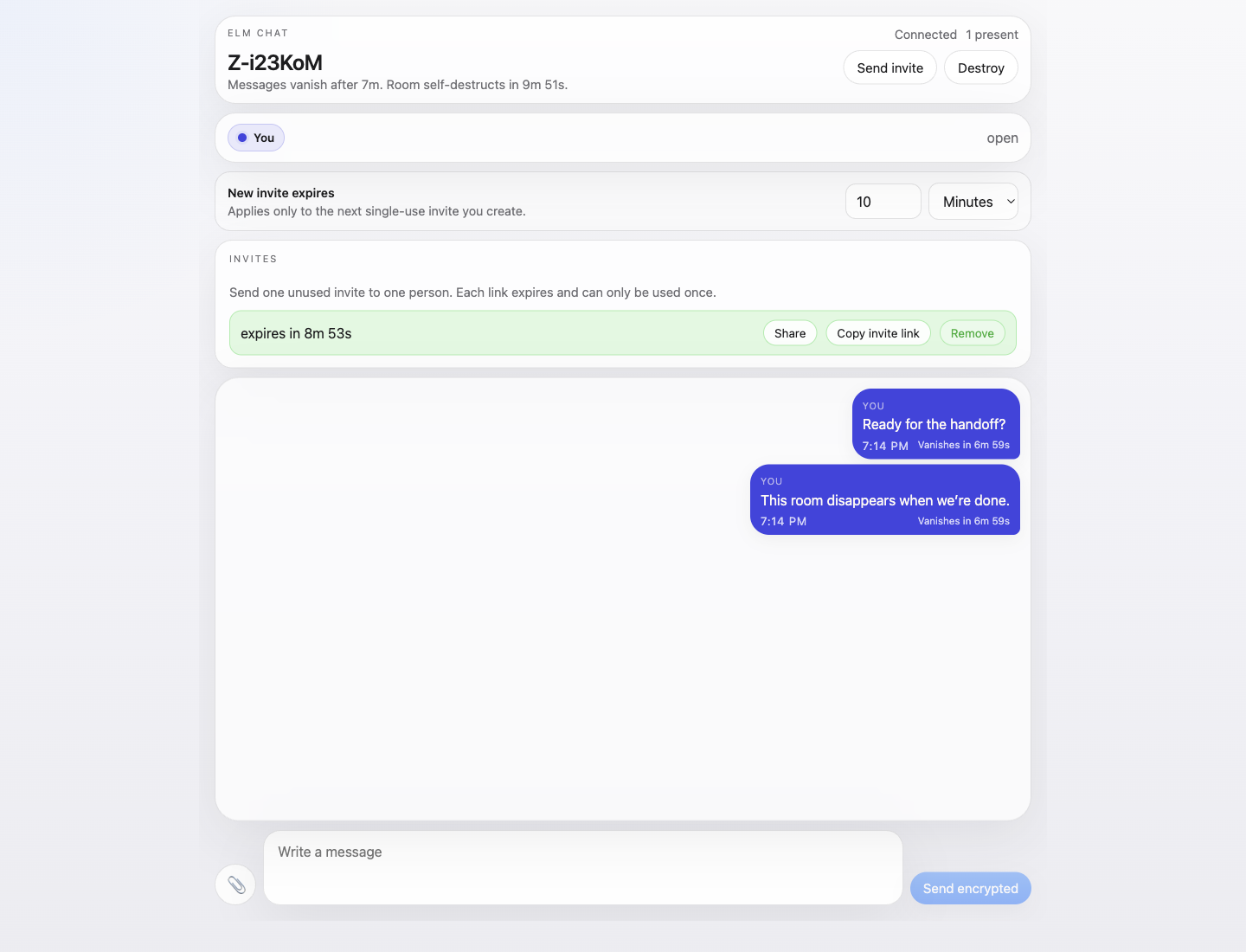 Current elm.chat room with expiry policy, single-use invite controls, encrypted messages, and creator actions