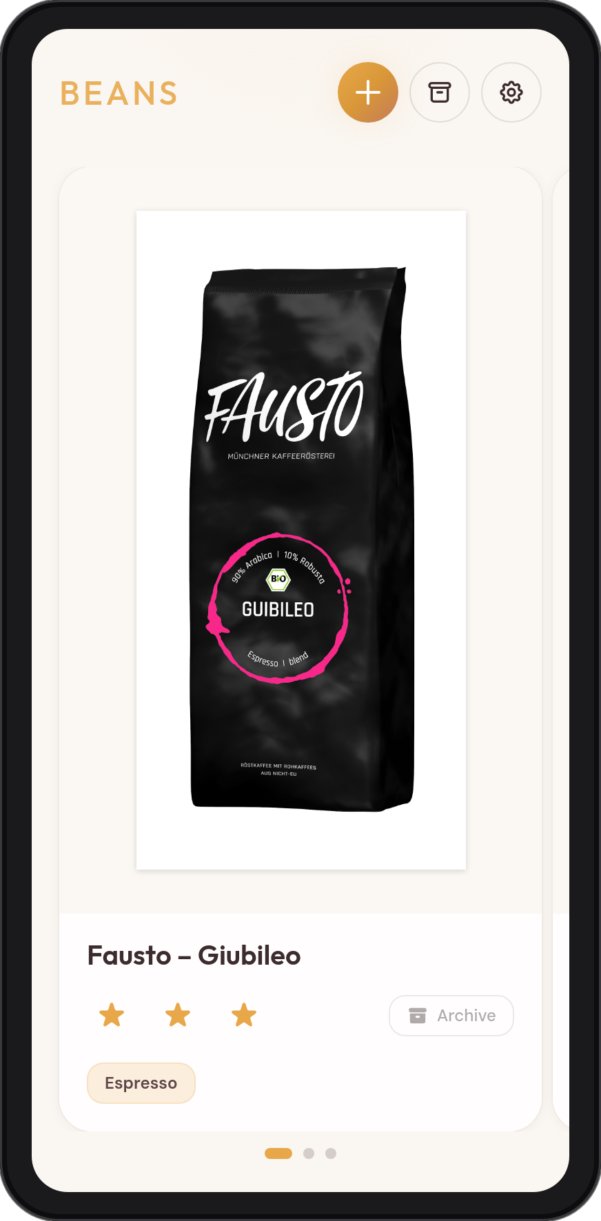 Bean carousel with photo, rating and style pills